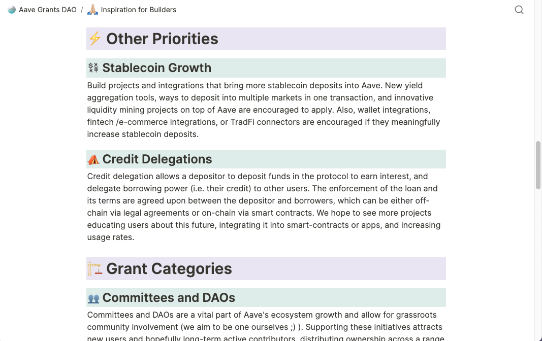 Aave Grants DAO's RFP-like "Inspiration for Builders" page